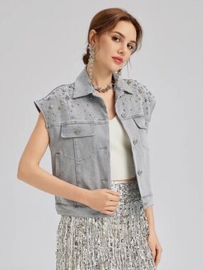 NWT Rich Radi Q's Hand-Beaded Soft Denim Vest, Gray, Stretch, Sz Large MSRP $299
